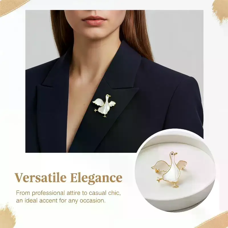 Cute Goose Shaped Brooch Natural Mother Of Pearl Inlay Gold Plated Trim For Jackets Scarves Daily Wear