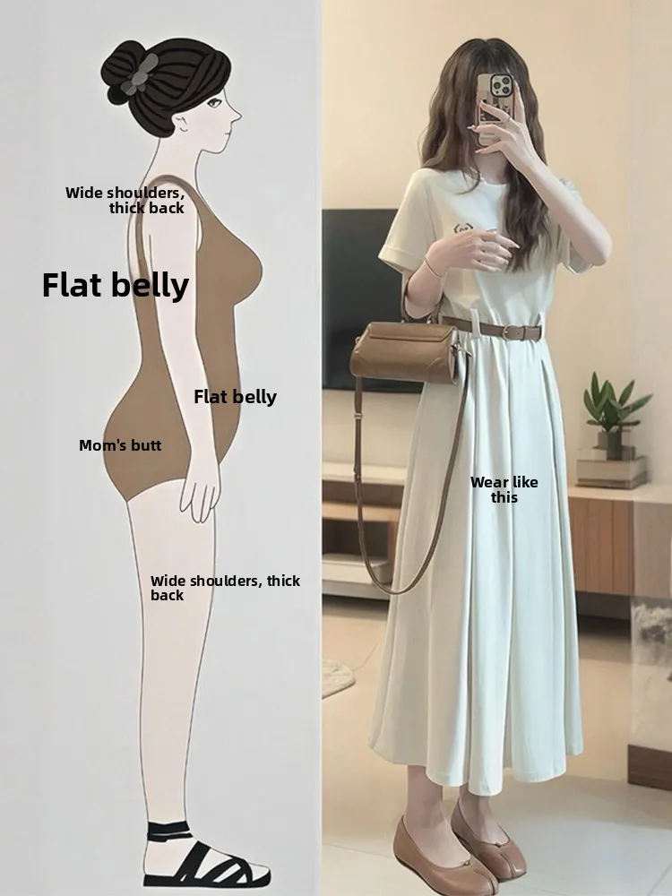 Chic rond Ne T-shirt épissé Dr femmes grande taille été minceur jupe Midi français Sle taille haute fibre de Polyester