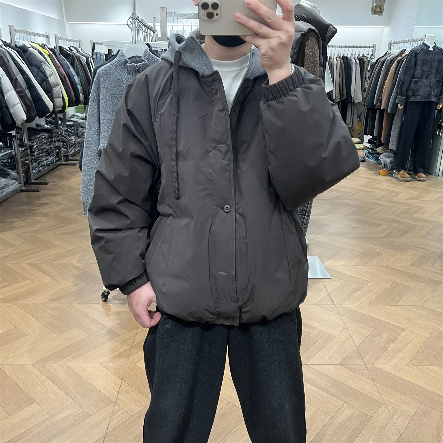 

Korean Valley Winter Men's down Jaet Hooded Splicing Loose Commuter Coat American Retro Sle Long Sve Zipper Closure