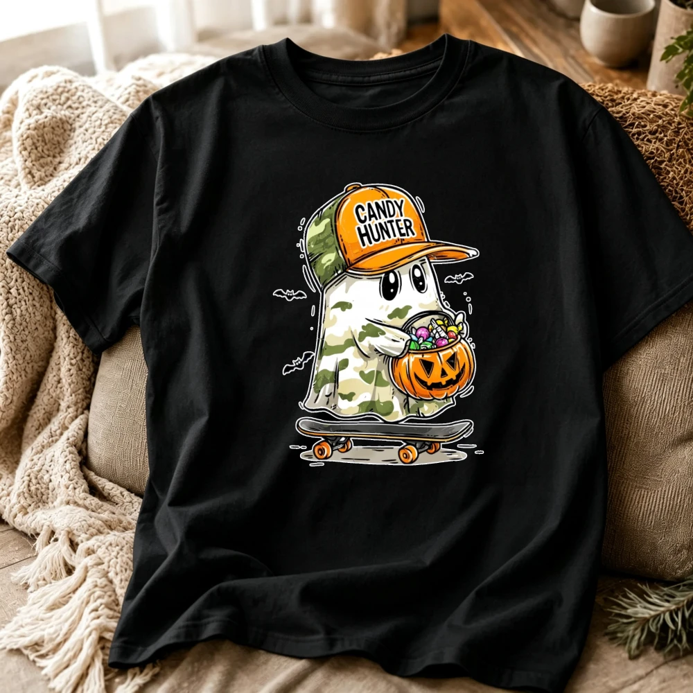 Candy Hunter Ghost Graphic T‑Shirt Cool Camouflage Ghost Skateboard Pumpkin Candy Bucket Cap Trick or Treat Funny Casual Tops