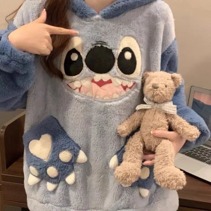 Lilo&stitch Hooded Pajama Girl Winter Student Disney Cartoon Stitch Plus Fleece Flannel Long-sleeved Homewear Set Birthday Gift