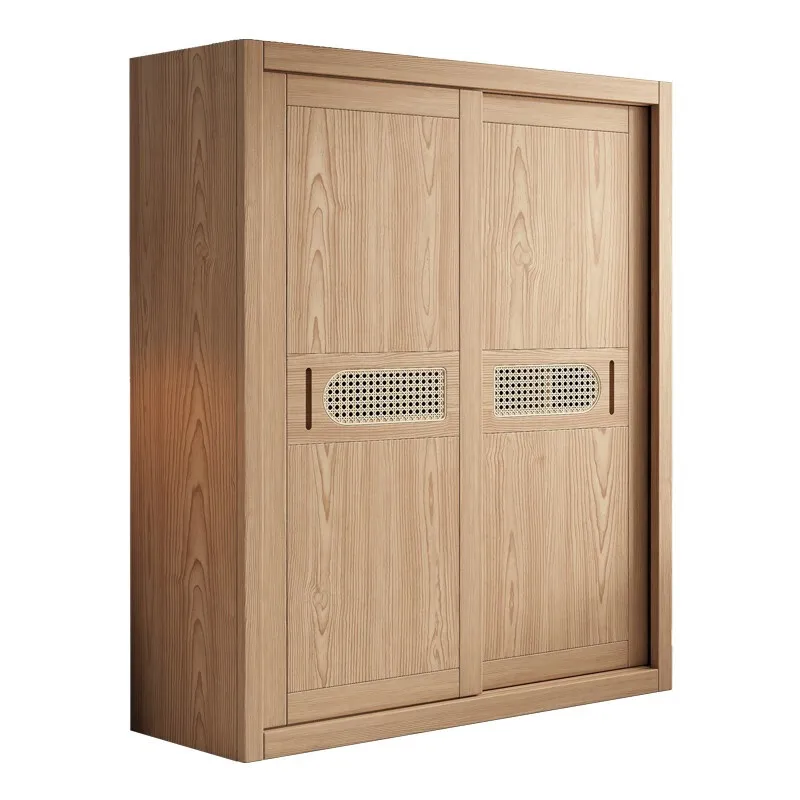 

Solid wood wardrobe household wood sliding door wardrobe Nordic hanging wardrobe storage two-door floor-to-ceiling cabinet