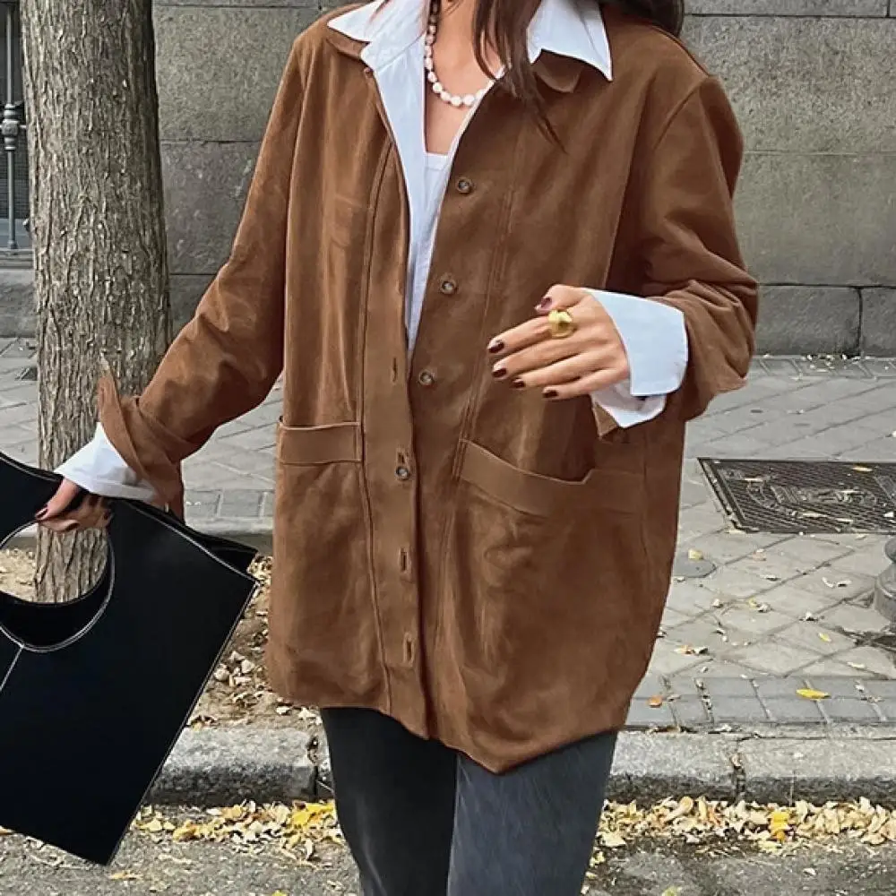 

Autumn Fleece Loose Coat Women Solid Color Long Sleeve Cardigan Fashion Lapel Button Up Coats Elegent Commuting Outwears