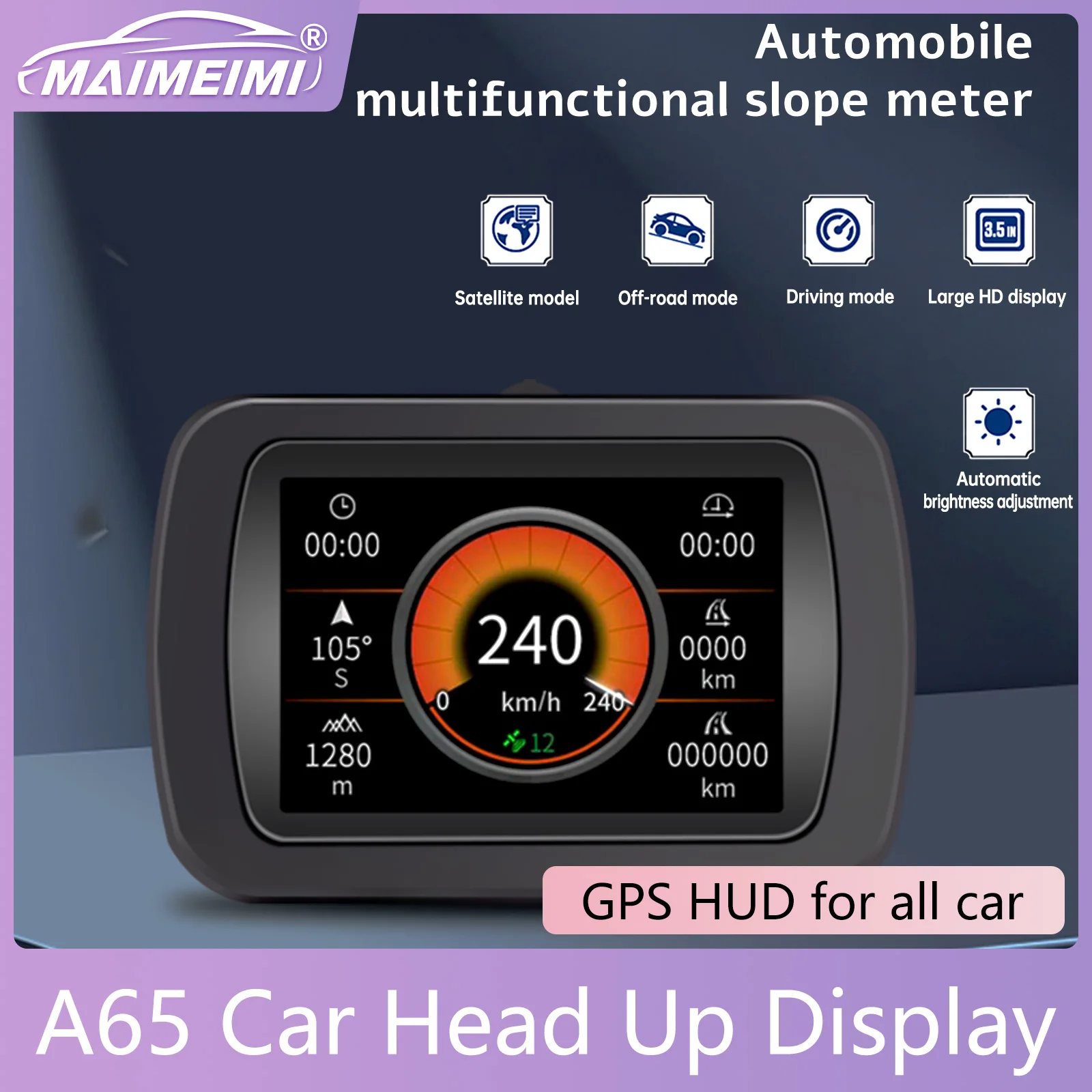 A65 Car GPS Head Up Display Automobile Multifunctional HUD Slope Meter Off-road Compass Inclinometer Speed Travel Time Gauge