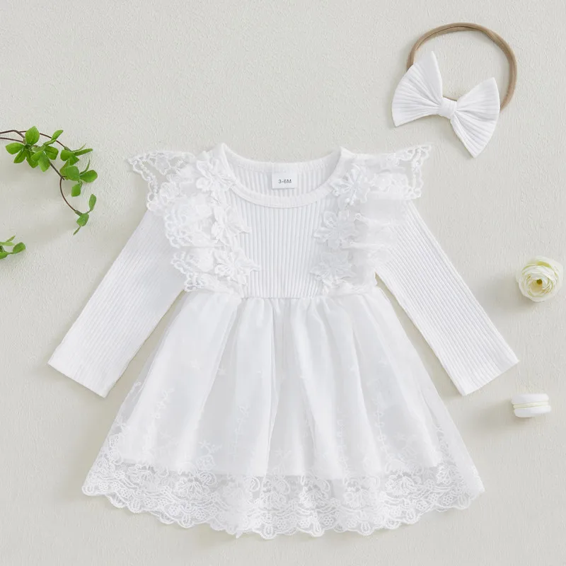 RUEWEY Baby Girl Dress Spring Autumn Clothes Long Sleeve Lace Patchwork Dress with Bowknot Headband Baby Clothing