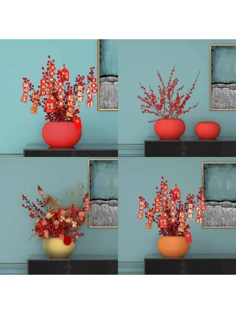 E8BD Red Berries Holly Plant Flower Pot Spherical Desktop Container New Year Decor