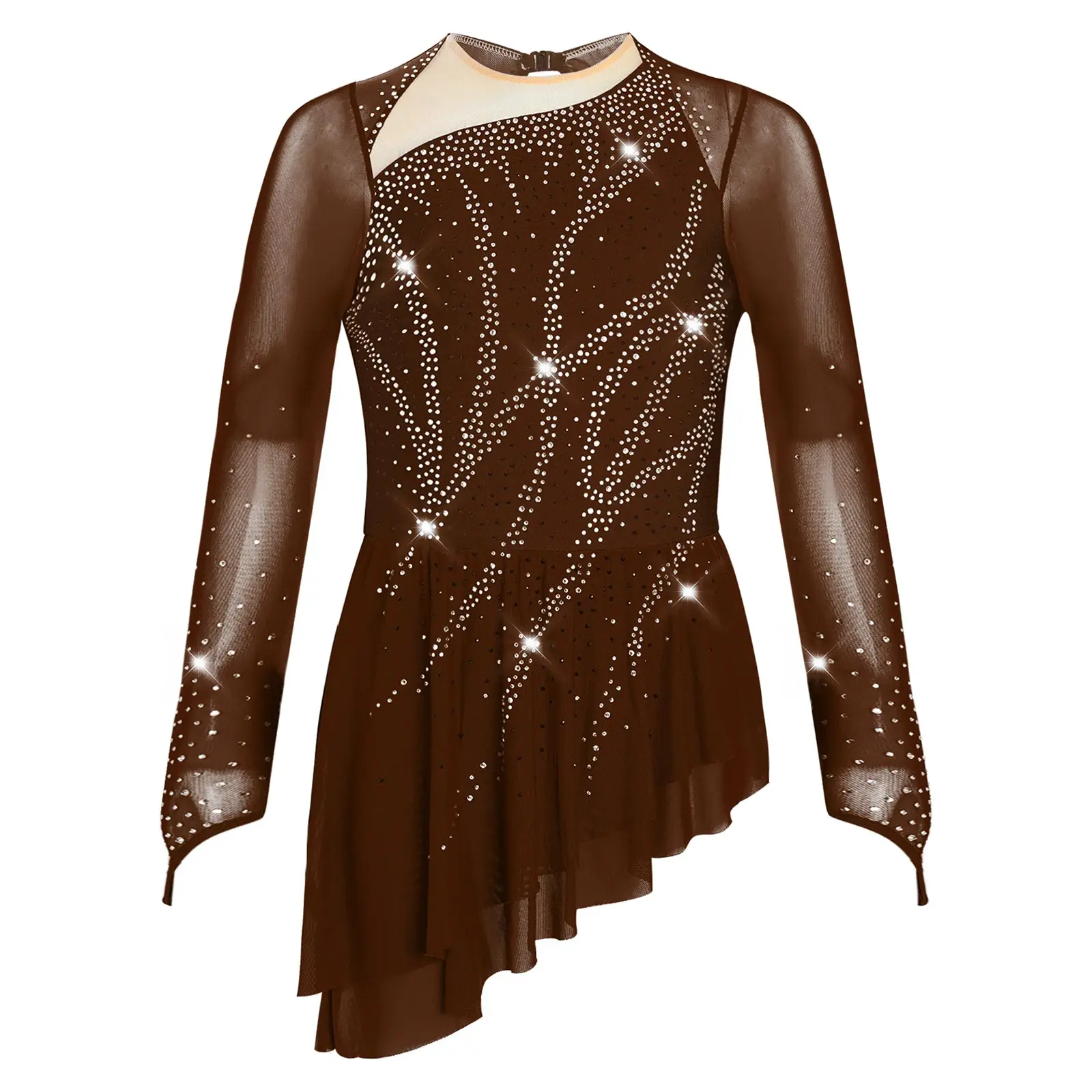 Mädchen Gymnastik Eiskunstlauf Modernes Ballett-Trikot Lyrisches Tanzkostüm Transparentes Netz Glitzernde Strass-Leotards Kleid – Detail 13