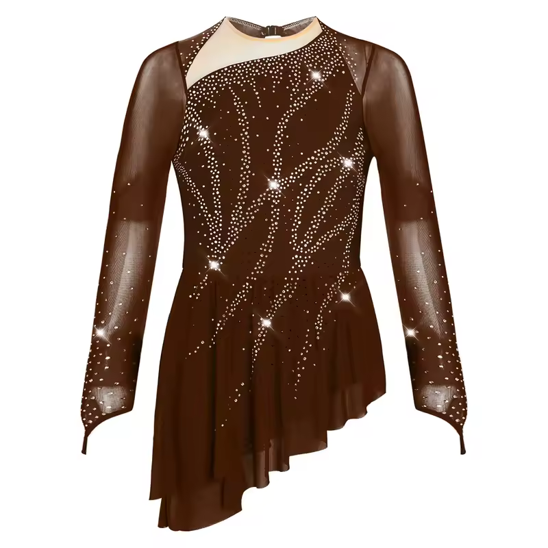 Kids Girls Figure Skating Rhythmic Gymnastics Leotard Dress Asymmetrical Split Shiny Rhinestones Contrast Color Dress Ballerina - Image 19