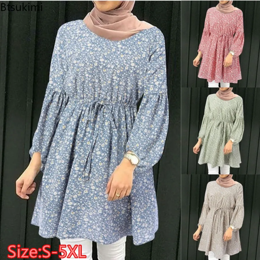 2024 Muslim Fashion Long-sleeved Casual Blouse Women\'s O-neck Floral Print Elegant Lace-up Tops Women Islamic Clothes Mini Dress