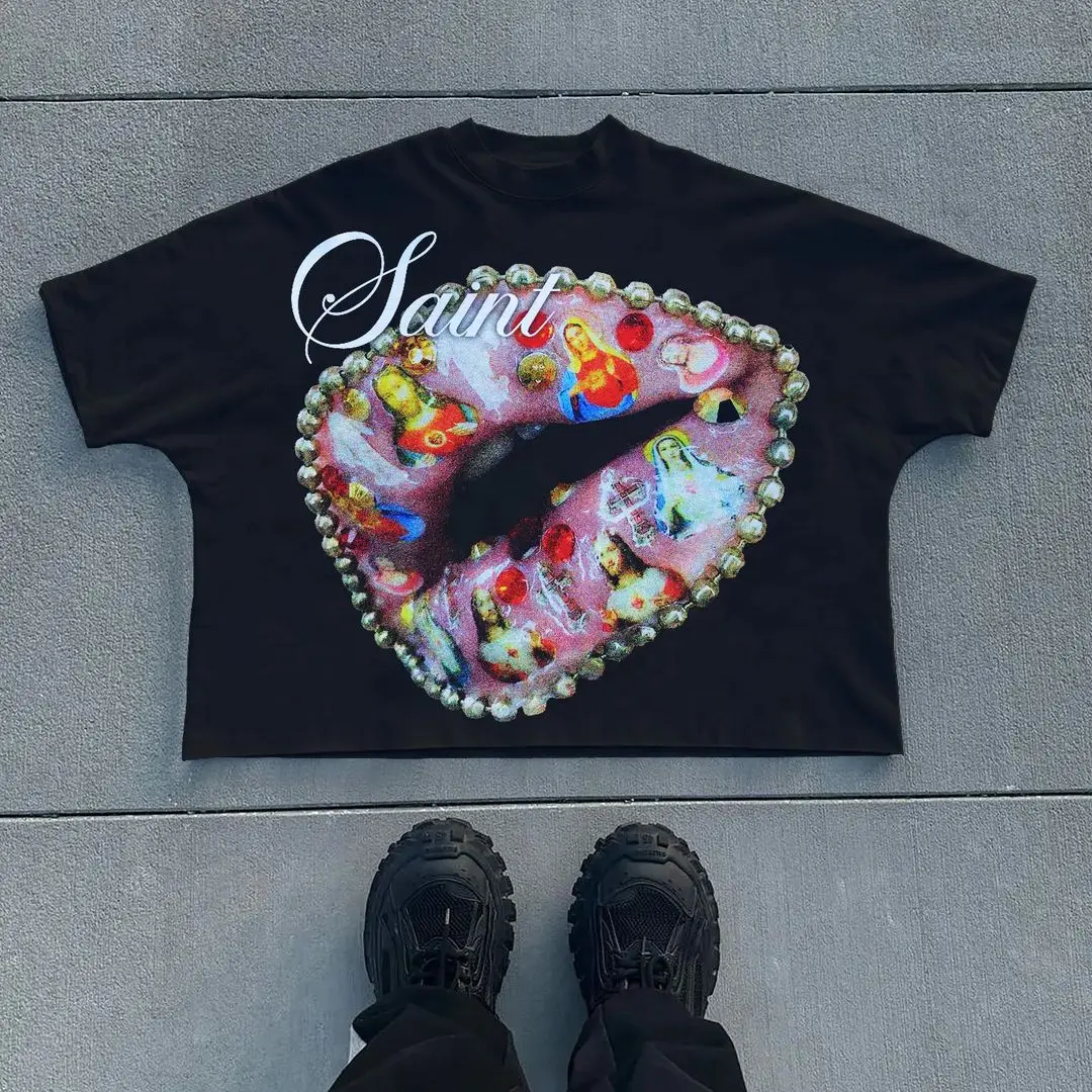 אמריקן טרנד היפ הופ להבה הדפס שפתיים אדומות חולצת נשים בקיץ רופף רחוב Y2k harajuku בסגנון זוג קצר-שרוולים