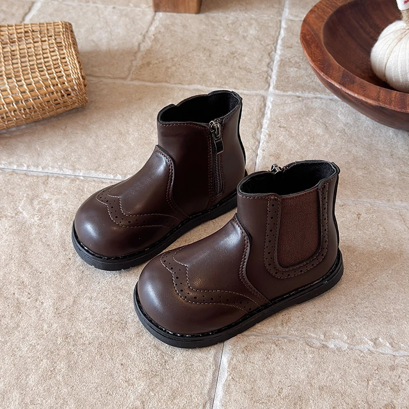 2026 Spring and Autumn New Children's Car Stitch Design Ankle Boots Little Girl's Non-slip Casual Round-headed Leather Boots