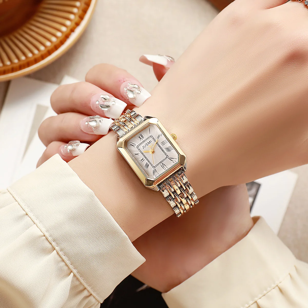 

Роскошные двухцветные квадратные женские наручные часы с римскими цифрами на циферблате, браслет из нержавеющей стали, элегантные часы для женщин, идеальный подарок