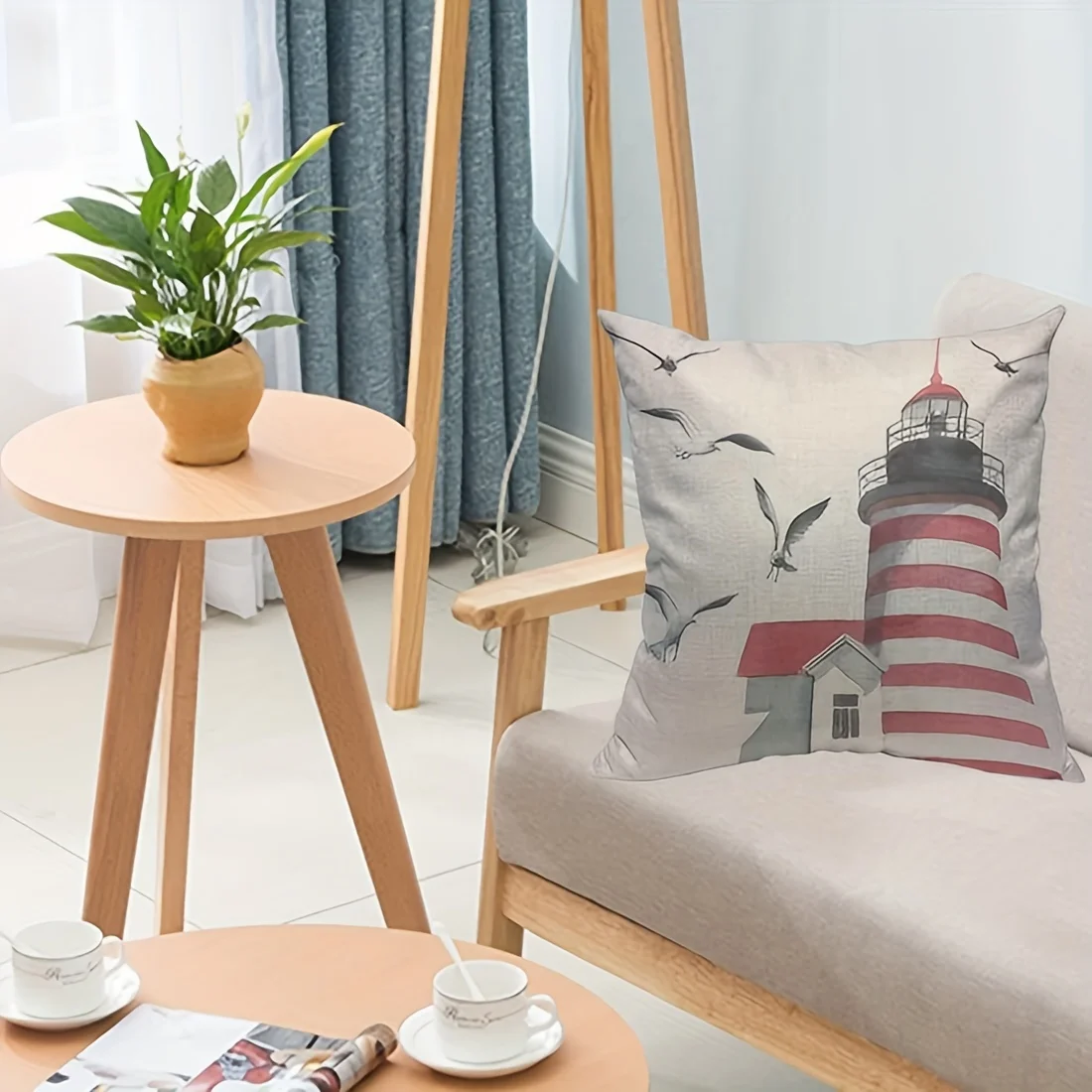 Linen Lighthouse And Seagull Pillowcase, 1pc Serene Red And White Hand-Painted Lighthouse Pillow Cushion Cover Square Pillowcase Sofa Sofa Bedroom Living Room Car, Single Sided Printing, No Pillow Core