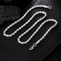 Silver Color 4mm Chain Male Twisted Rope Necklace Bracelets Fashion Women Men Silver High Quality Jewelry Set 4