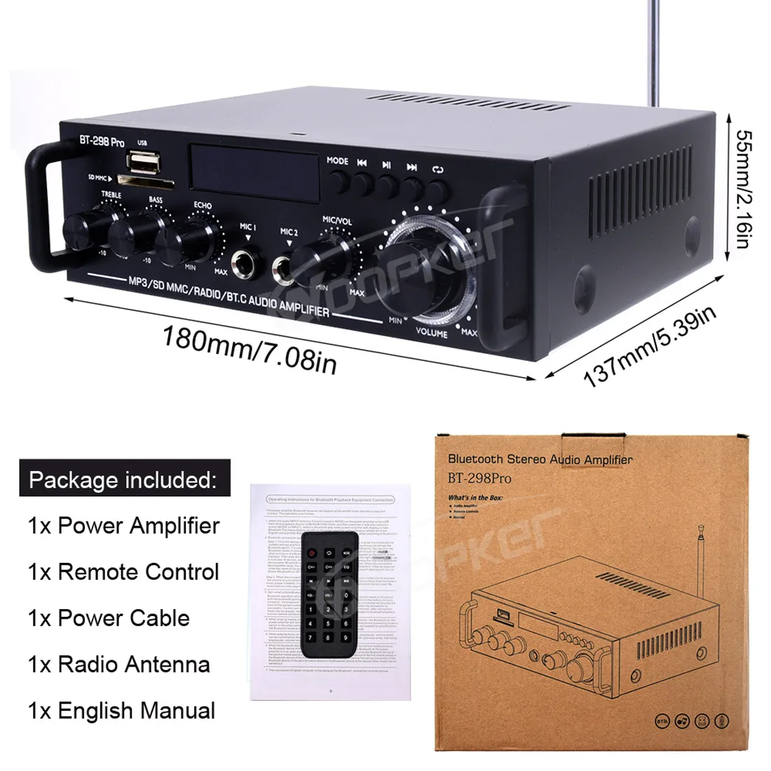 Woopker 가정용 차량용 블루투스 앰프, 디지털 하이파이 오디오 스테레오 파워 앰프, BT-298 Pro 400W + 400W, 2 채널 앰프