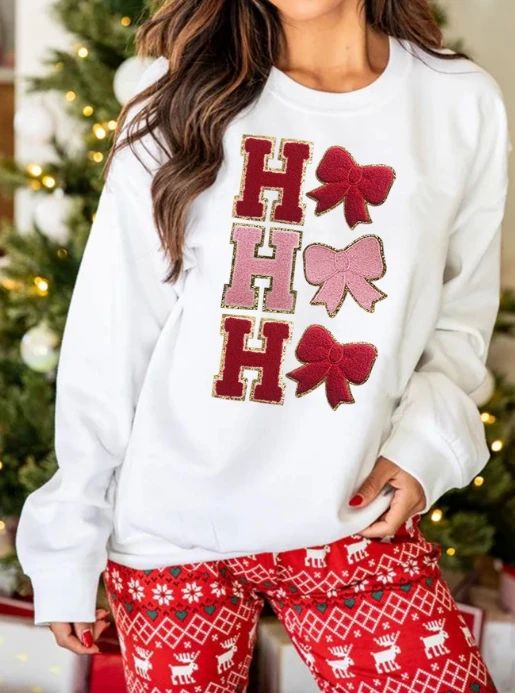 

Christmas letter bow round neck hoodie