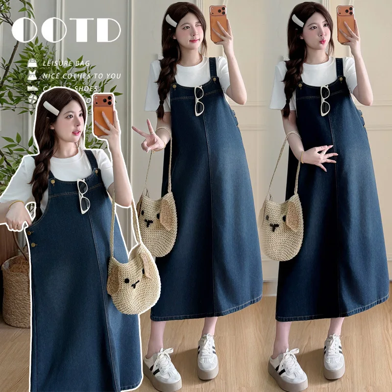 Maternity Suit Summer 2026 White Short Sleeve T Shirt and Denim Overall Dress for Pregnant Women Minimalist Versatile