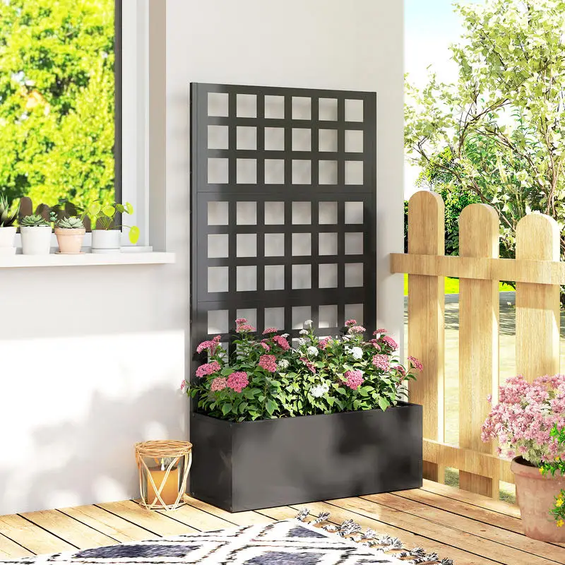 Outsunny Galvanized Raised Garden Bed Planter Box with Trellis for Climbing Plants, Vegetable, Vines, 24
