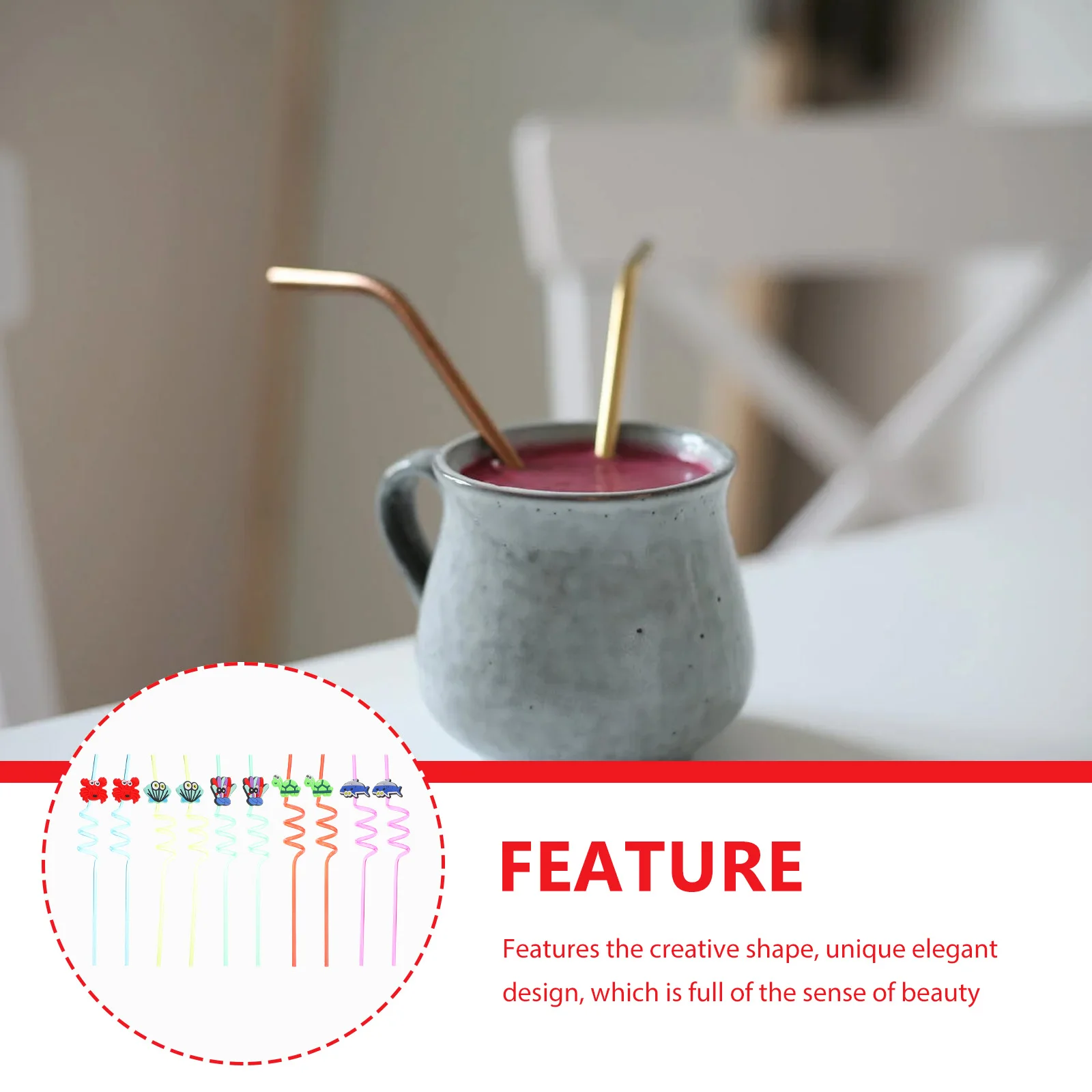 

10 Pcs Cartoon Straw Accessories Drinking Straws Festival Party Supplies Reusable PETG Material Sea Theme Design Bright Color