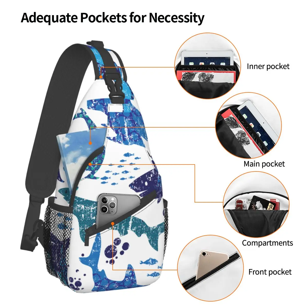 Shark Vintage Small Sling Bag Chest Crossbody Shoulder Sling Backpack Outdoor Sports Daypacks world ocean sea Printed Bookbag