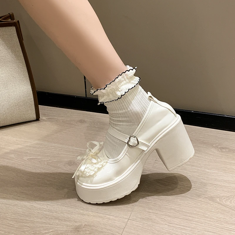 

White Mary Jane Thick Heel High Heels Women's Shoes with Bow Tie for Skirts Fashionable Flat Footwear Gentle on the Feet