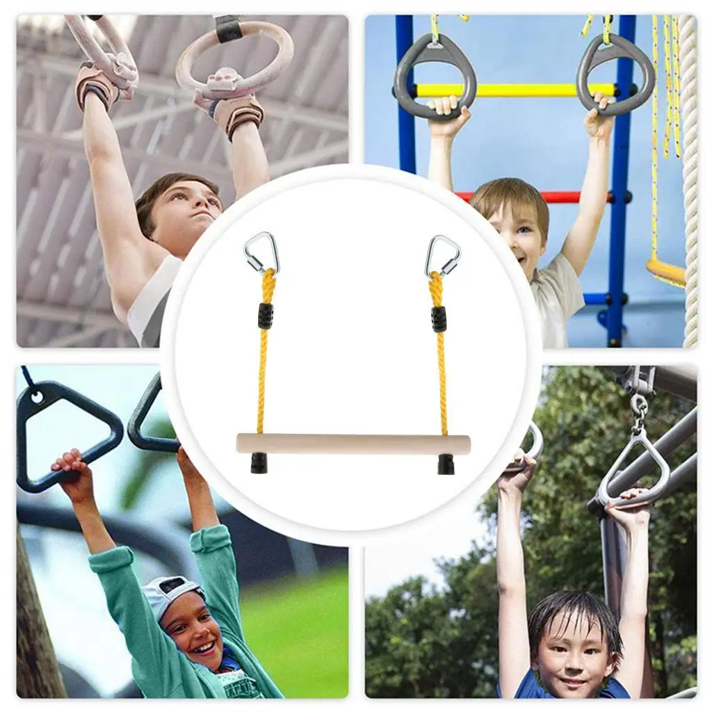 Children Swing Bar with Rings Wooden Rope Rod Gym Playset for Kids