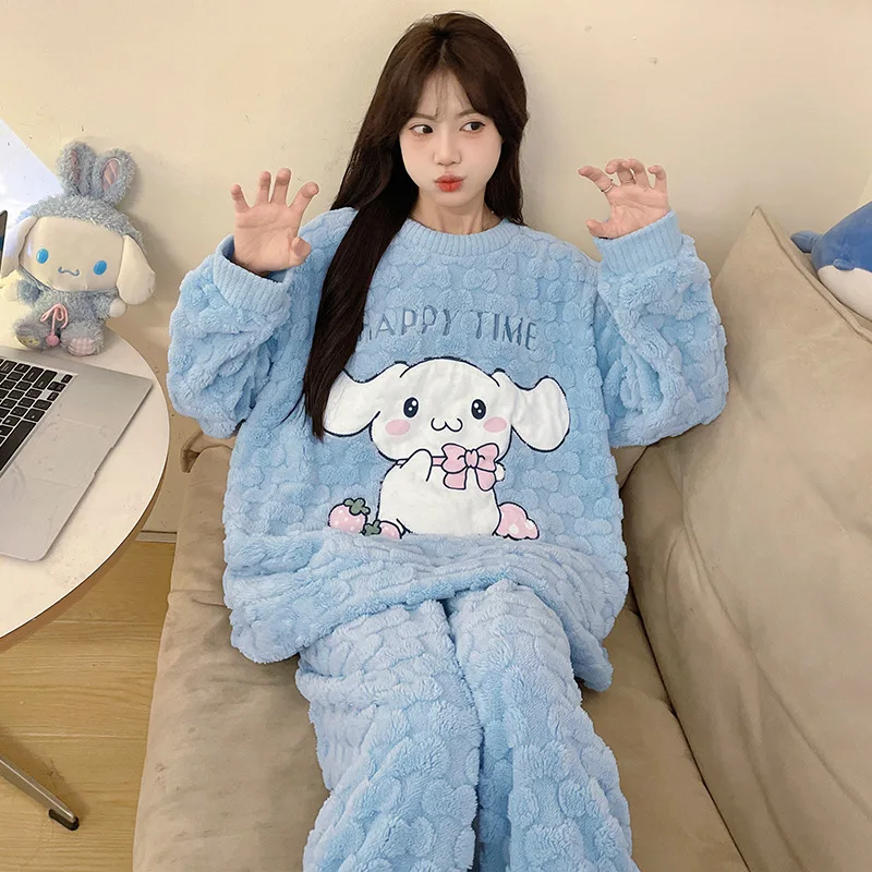 Cartoon Kuromi 2 Stuks Pyjama Set Kawaii Sanrio Anime Vrouwen Pluche Homewear Winter Dikker Lange Mouwen Broek Meisjes Leuke warm Houden