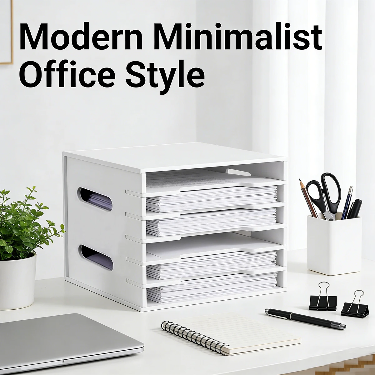 6-Tier White Desktop File Organizer, A4 Paper Storage Tray with Handles for Office & School