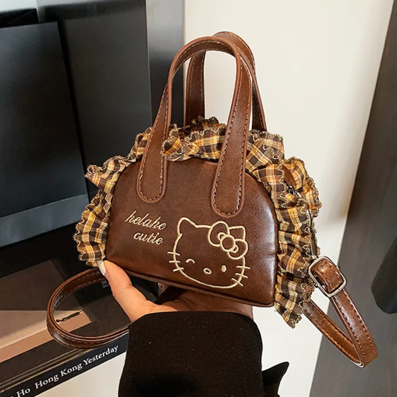 

Miniso клетчатая кружевная сумка Hellokitty в стиле ретро для девочек Sanrio Kitty Cat, сумка через плечо с вышивкой, маленькая сумка-мессенджер, женская сумка Boston