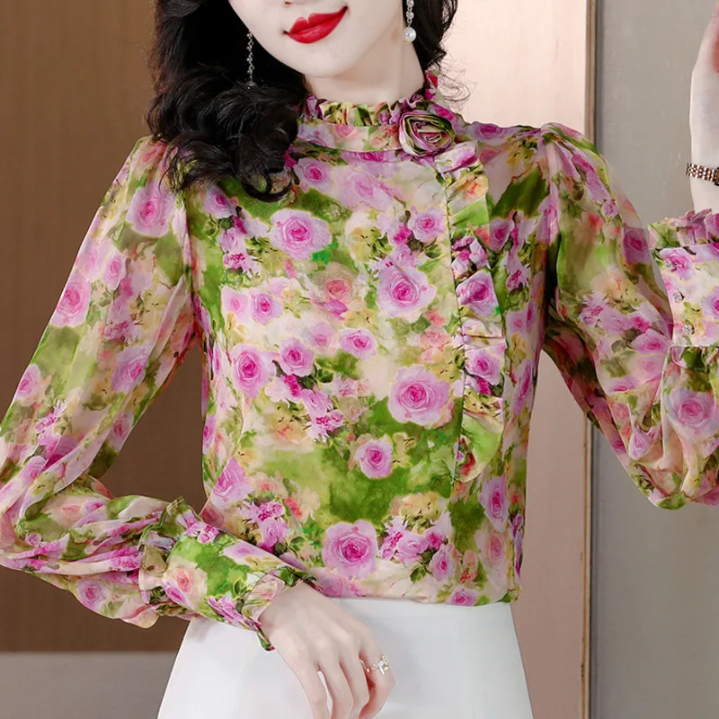 #2543 Floral Printed Blouse Women Ruffles Collar Vintage Blouse Femme Lantern Long Sleeve Retro Ladies Tops And Blouses Spring