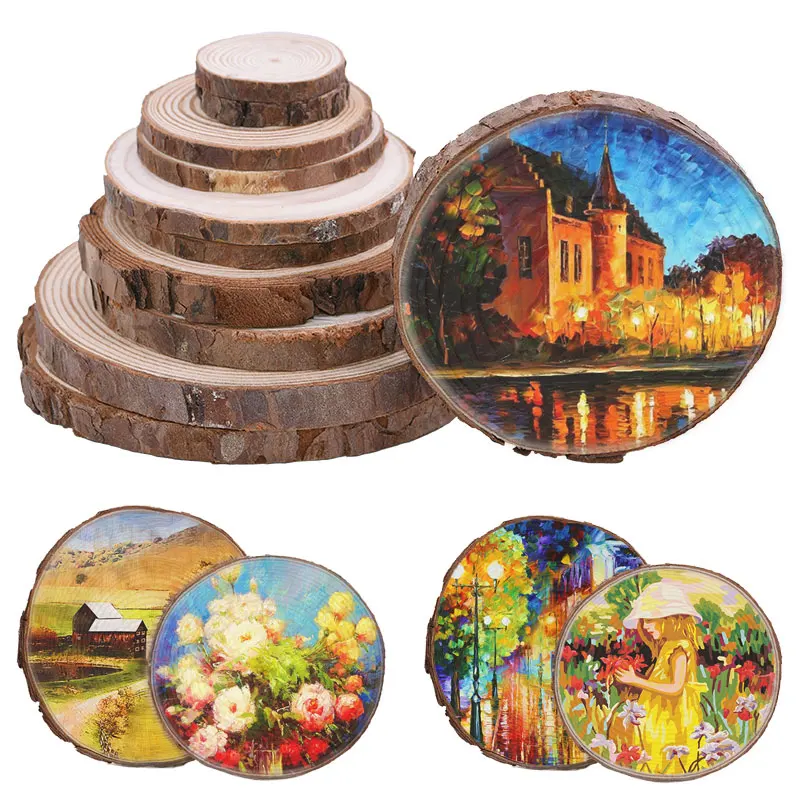 3-12cm Unfinished Natural Round Wooden Slices Tree Bark Log Discs Handmade DIY Arts Crafts Wedding Party Decoration