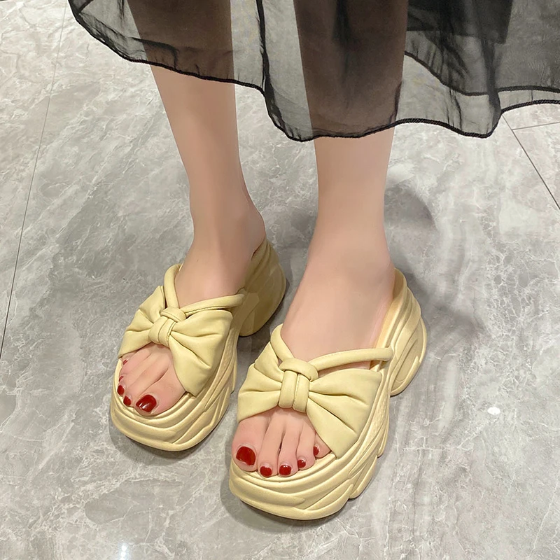 LazySea 9cm High Wedge Heels Slides Sandals Green Color Butterfly Knot Women Platform Slippers Height Increasing Outside Shoes