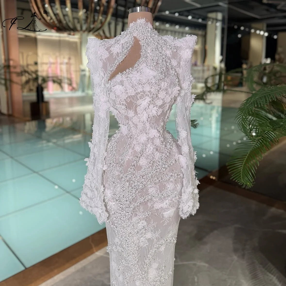 Pearl Lace Long Dress White Applique Mermaid Dress High Neck Hollow Chiffon Dress Customizable Wedding Party Dress Bridal Gown