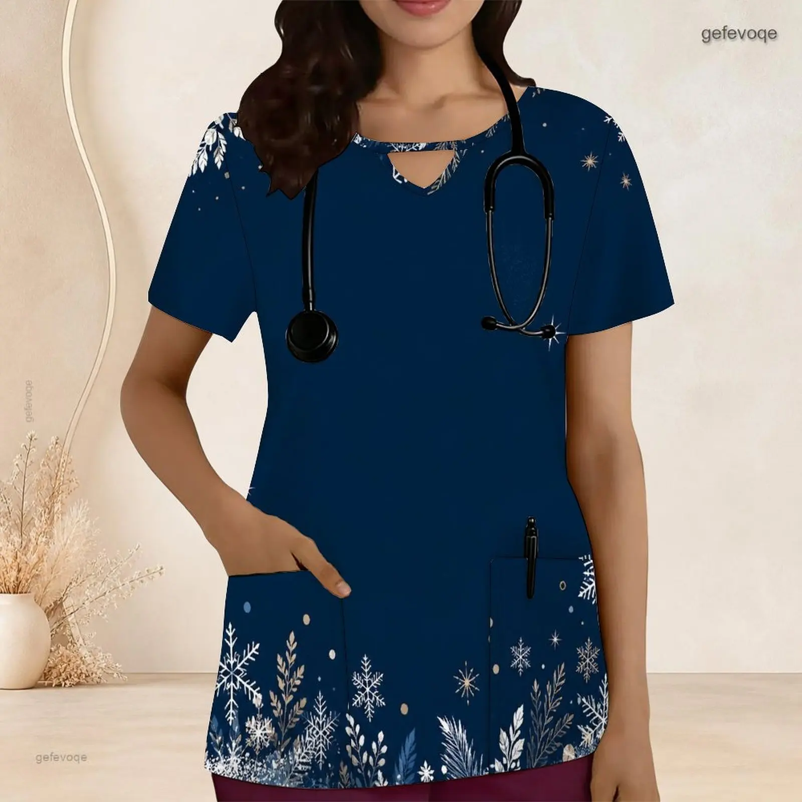 Women Scrub Top with Print Keyhole Neck Short Sleeve Front Pockets