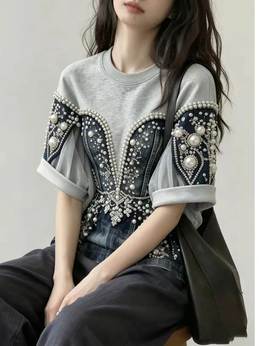 Summer 2026 Loose Fit Glitter Print T-Shirt Women's Fashion Korean Style Casual Wear Resistant Durable round Neck Short Sleeve