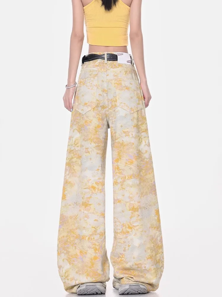 Vintage Floral Print Hohe Taille High Street Gerade Jeans Hosen Koreanische Mode frauen Breite Bein Baggy Denim Hosen Y2K
