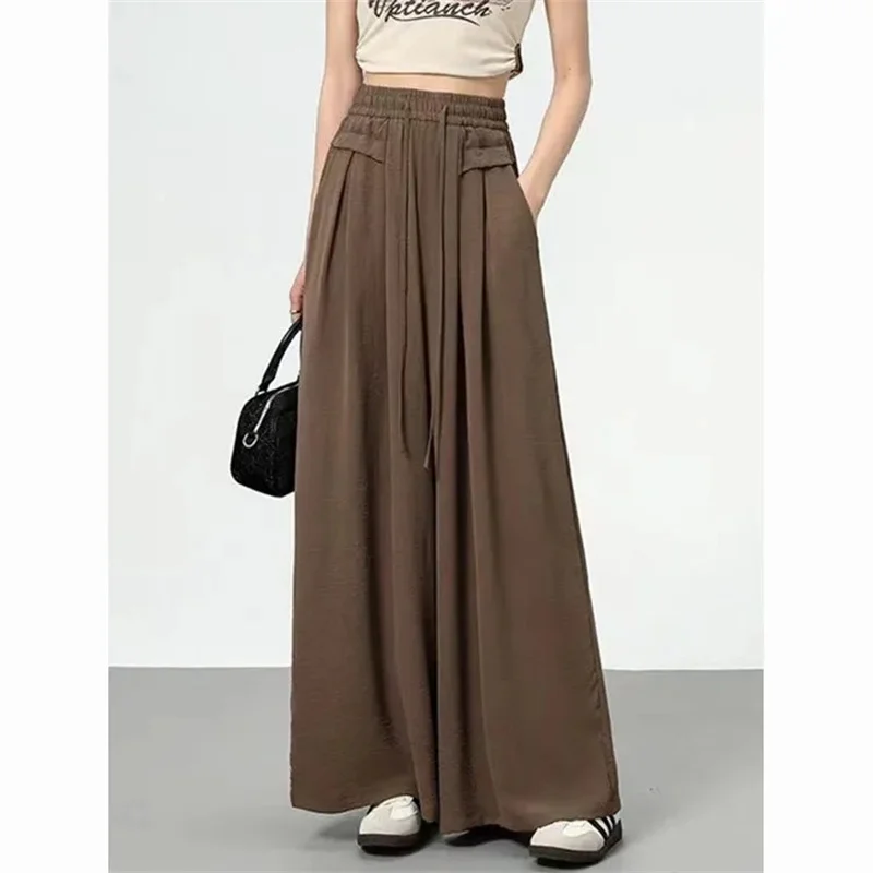 

2026 Wide-leg Pants Women Summer Retro Elastic Waist Ankle-Length Pants Lace-up Solid Versatile Loose Casual Pants