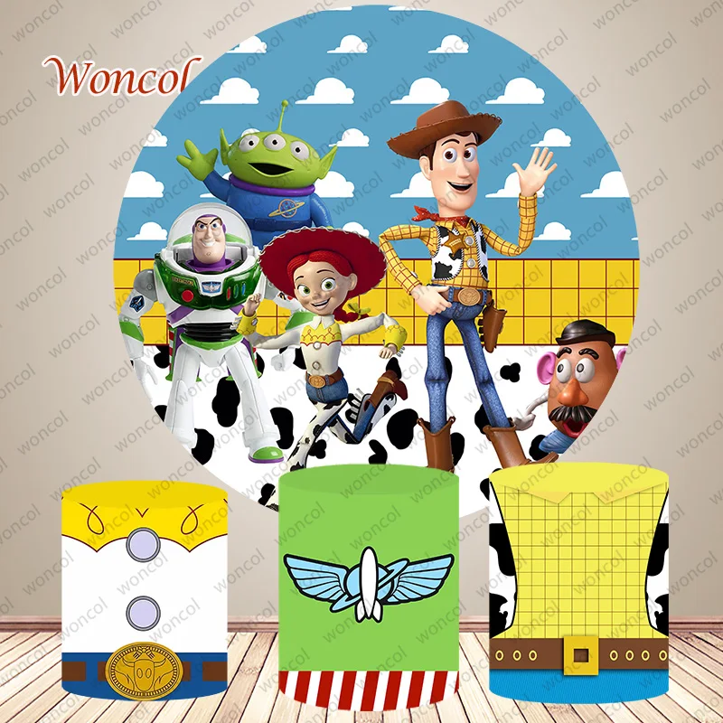 

Disney Toy Story Round Cover Backdrop Child Birthday Newborn Baby Shower Photo Backdrop Round Cylinder Cover Decorations Prop