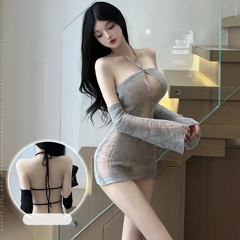 Anime Hollow Halter Bandage Sweater Mini Dress for Women Cosplay Underwear Backless See Through Role Play Lingerie Nightdress