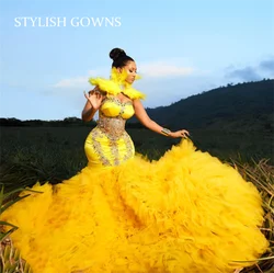 Yellow Sweetheart Evening Gown Feather Neck Birthday Party Gown Bead Crystal Formal Dress Ruffles Robe De Bal Aso Ebi Customized