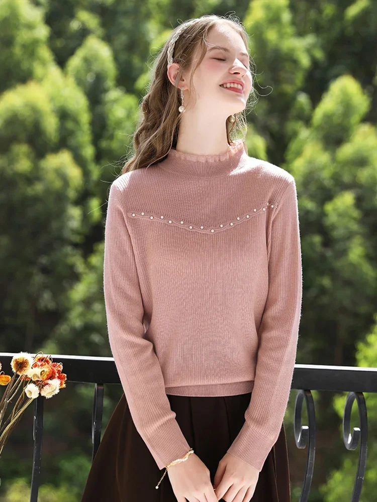 I BELIEVE YOU Sweaters for Women Autumn Winter Beaded Wooden Ear Mock Neck 2024 New Soft Loose Comfy Fleece Pullovers CMY235178A