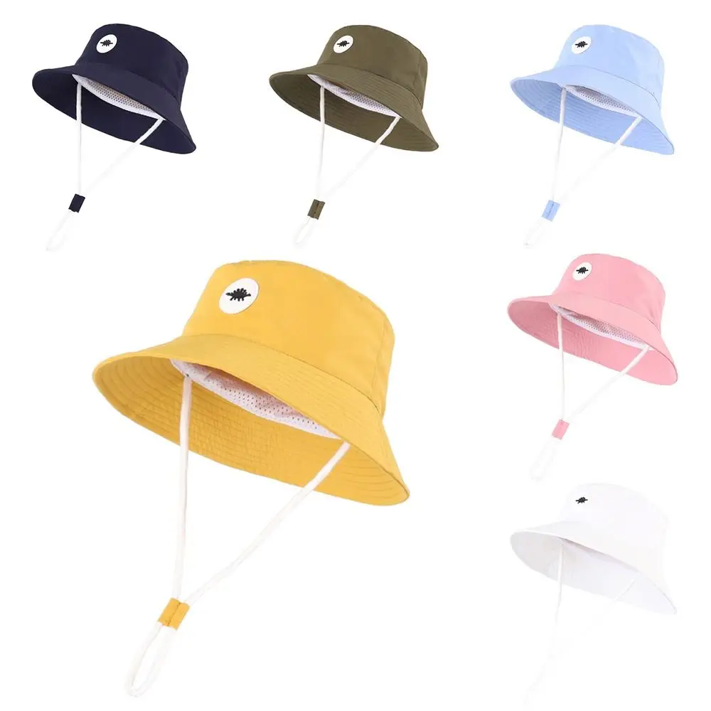 

Cute Solid Color Kids Baby Sun Hat Dinosaur Pattern Wide Brim Children Beach Hats Adjustable Sun Protective Toddler Bucket Hat