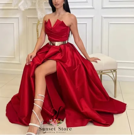 Customized  A-Line Floor Length Side Slit Strapless Satin Sleeveless Pleats Evening Dress Special Occasion Gowns Exquisite and T