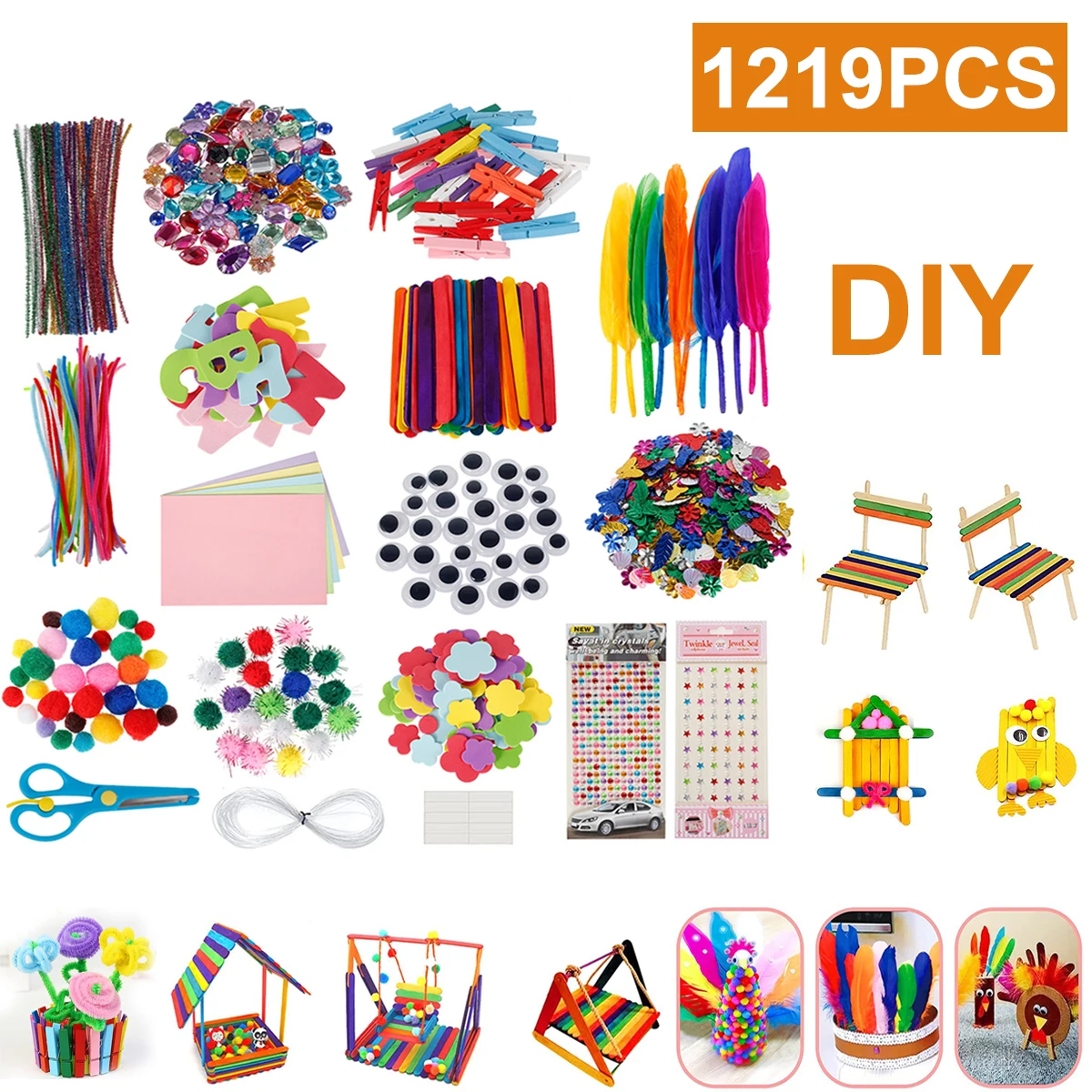 1219Pcs Kids Crafts Craft Set Creative DIY School Project Crafts Toys Fluffy Foam Stickers Feather Buttons Handmade Accessories