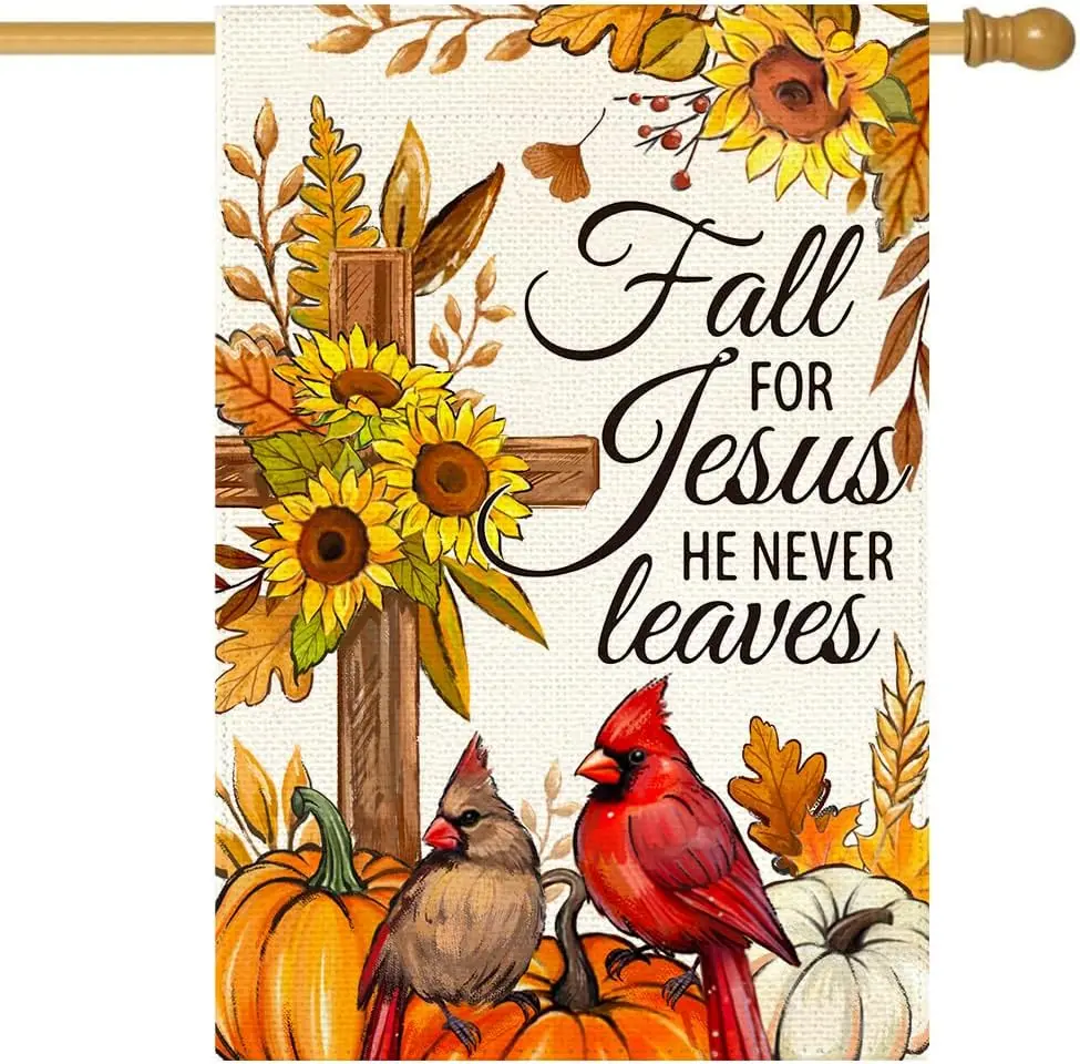 RABUSOFA Fall for Jesus House Flags 28 x 40 Double Sided for Outside,Autumn Thanksgiving Pumpkin Flowers Cross He Never Leav GGX