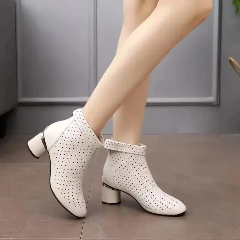 

2025 5cm Genuine Leather Hollow Women Summer Platform Punk Ankle Mid Calf Boots Breathable Women Summer Shoes Chunky Heels Zip