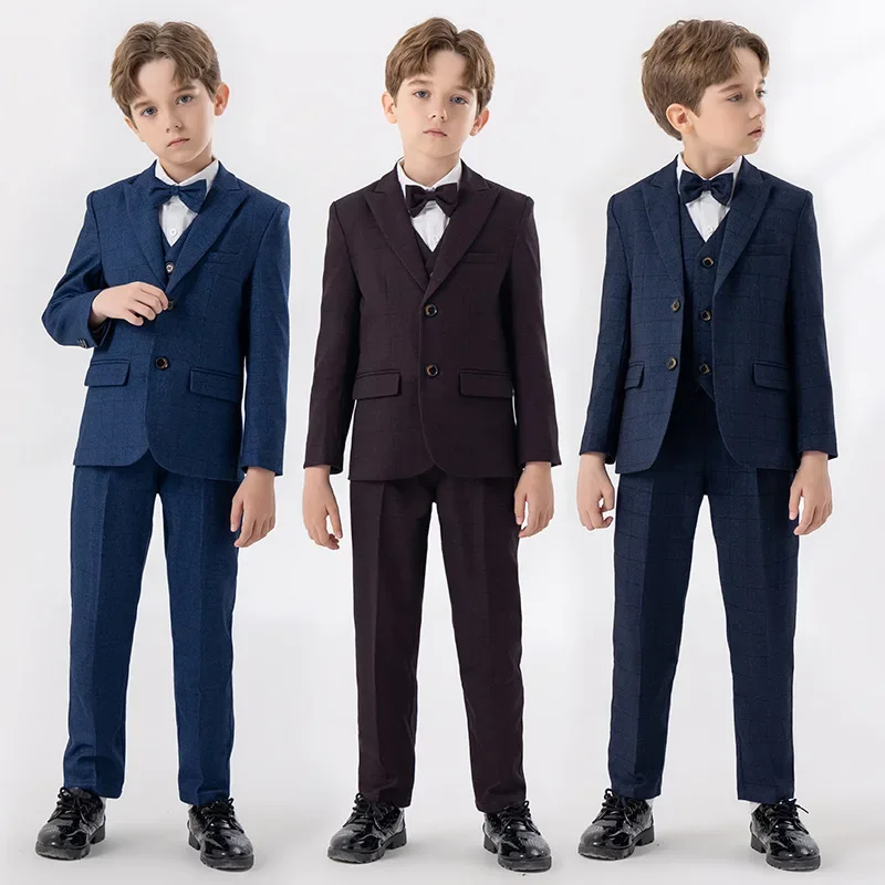 

Boys Blue Red Slim Fit Suits Formal Wear Childrens Teenagers Best man Performance Host Clothes Kids Students Party Full Dress