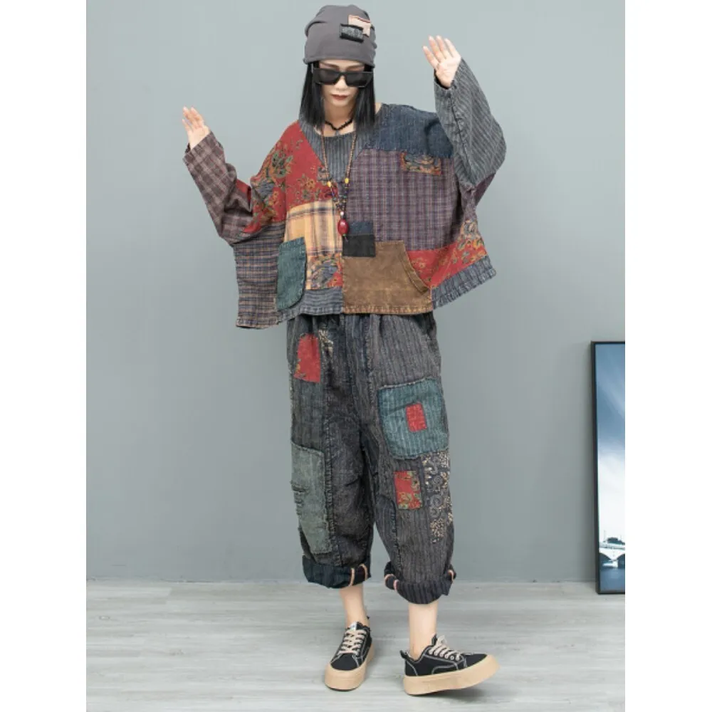 

Old Fabric Patchwork Contrasting Long Sleeved Top + Casual Pants Two-piece Set Women 2024 Autumn Loose Pant Set LX2025