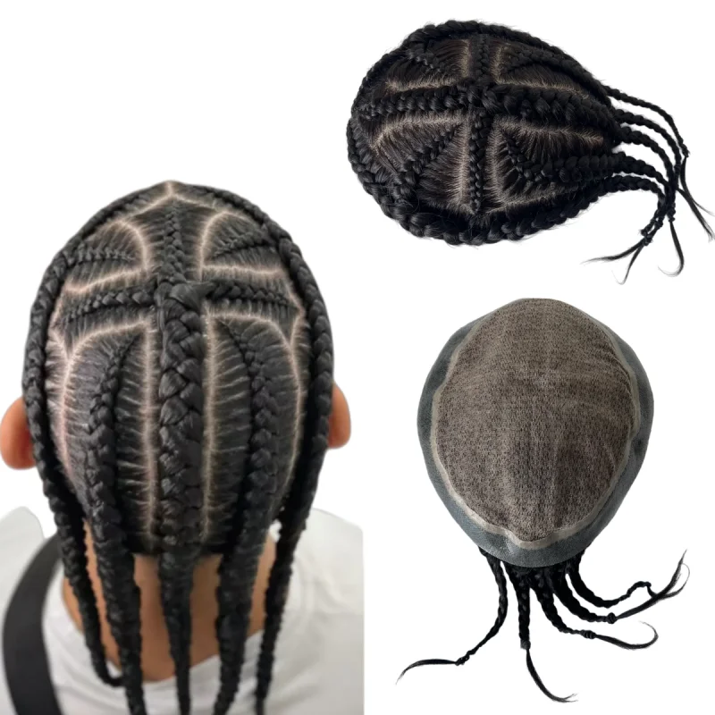 

Malaysian Virgin Human Hair Hairpieces Cross Cornrow Braids #1B Black 8x10 Silk Toupee for Asian Men