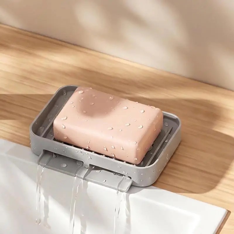 Silicone Soap Dish Sloped Self Draining Drop Resistant Suction Cups With Bottom With Draining Tray For Bathroom Kitchen